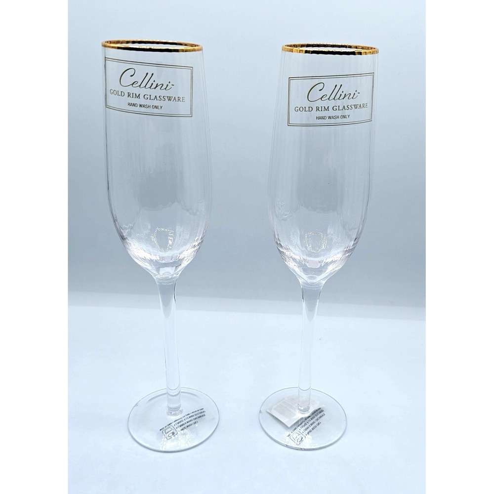 Set of 2 Vintage Cellini‎ Italy Glass Champagne Flutes Gold Trim-No Box